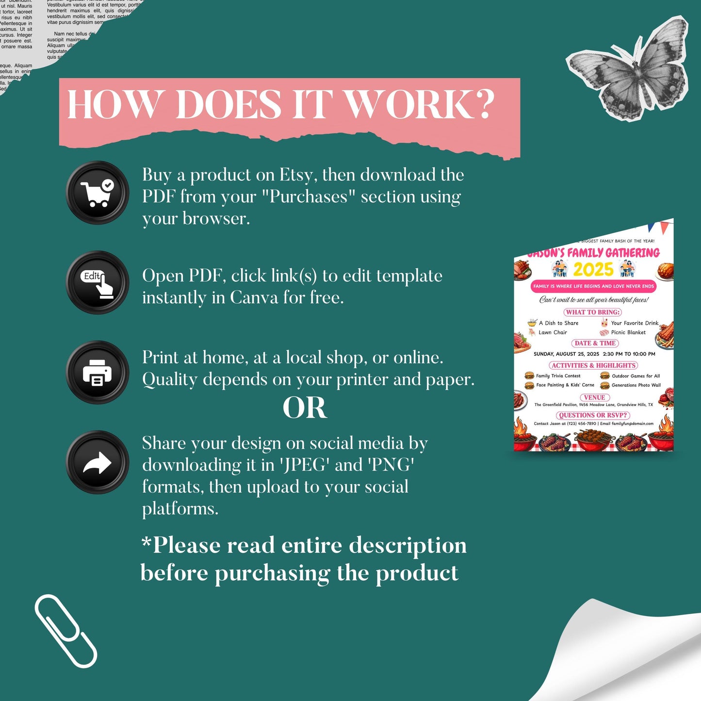 Editable Family Reunion Flyer Template, Family Reunion BBQ Flyer, reunion Invitation get together Bbq Party Invite, Canva template