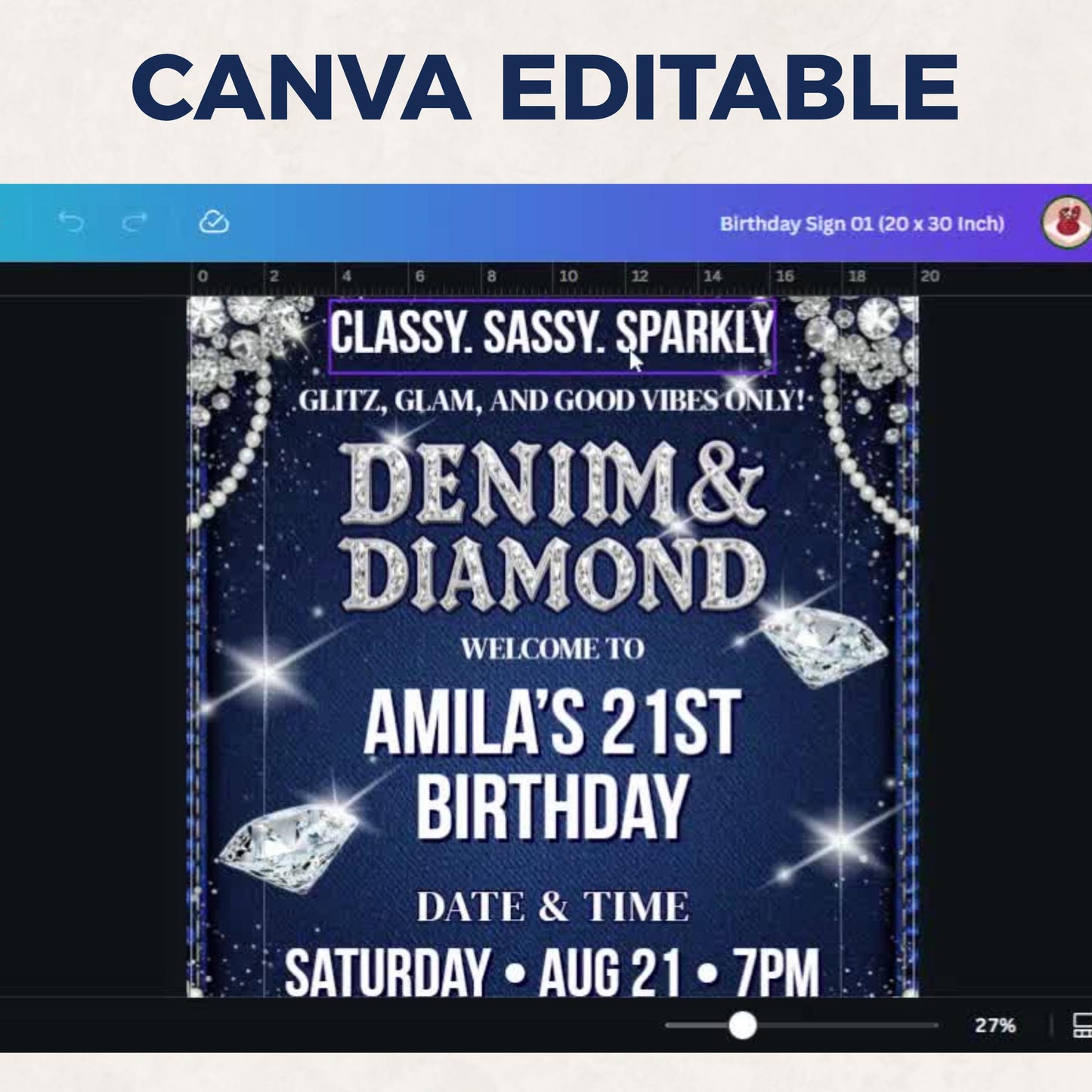 Denim and Diamonds Birthday Sign, Denim & Diamonds Welcome Board, Printable Birthday Welcome Sign, Editable Canva Template, Instant Download