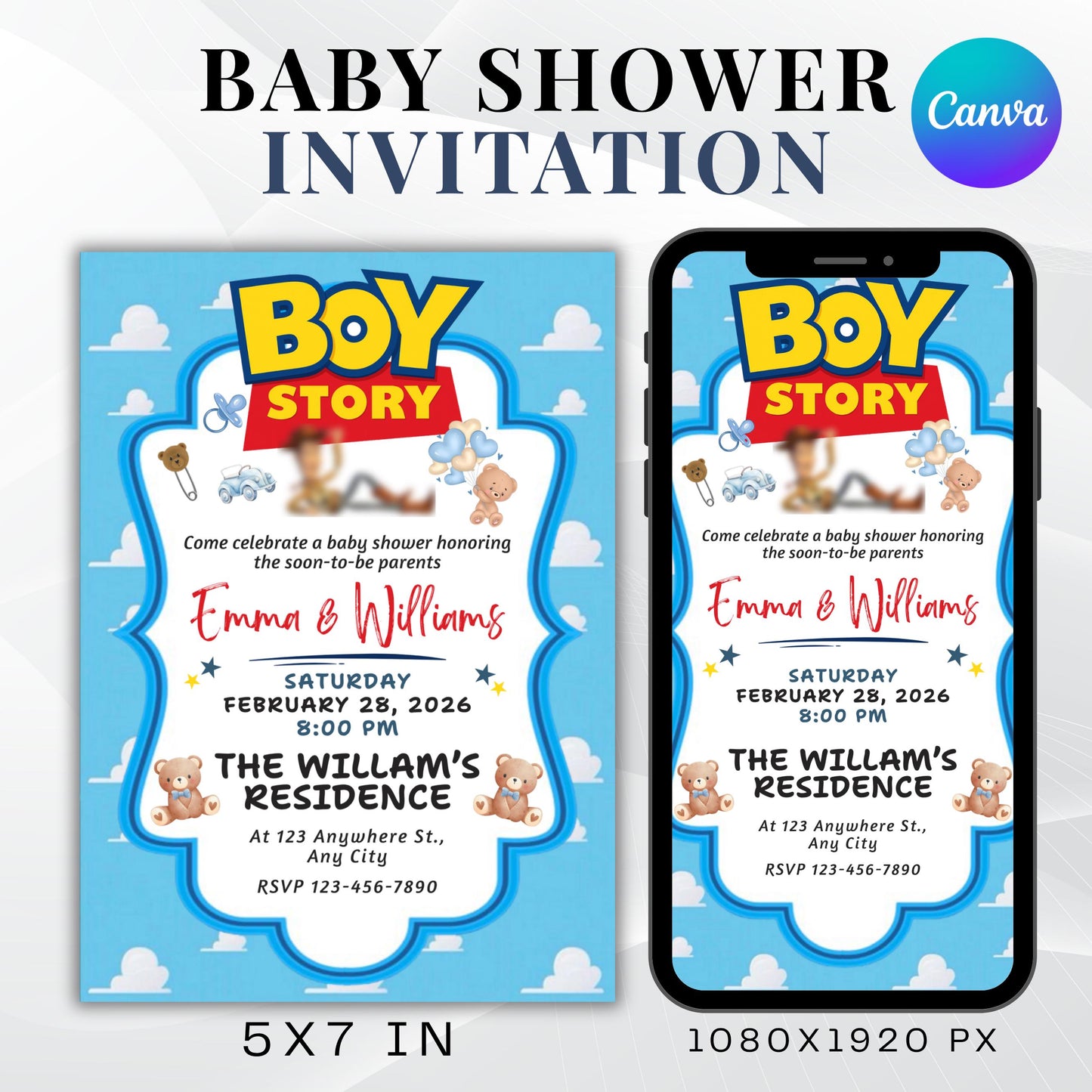 Boy Story Baby Shower Invitation, Its A Boy, Baby Shower Invite, Books For Baby Card, Editable Thank You Card, Printable Diaper Raffle Card