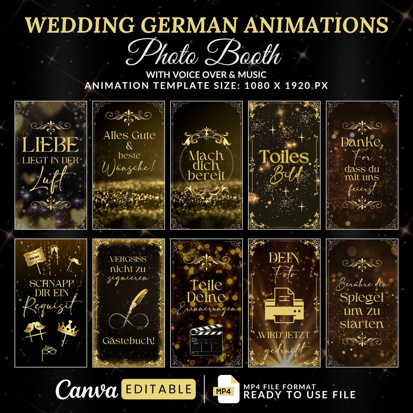 Hochzeits-Spiegelkabinen-Animationen, Gold Schwarz-Animationen, Touch-to-Start, Countdown, Liebe, Voice-Over, Hochzeits-Zauberspiegelkabine