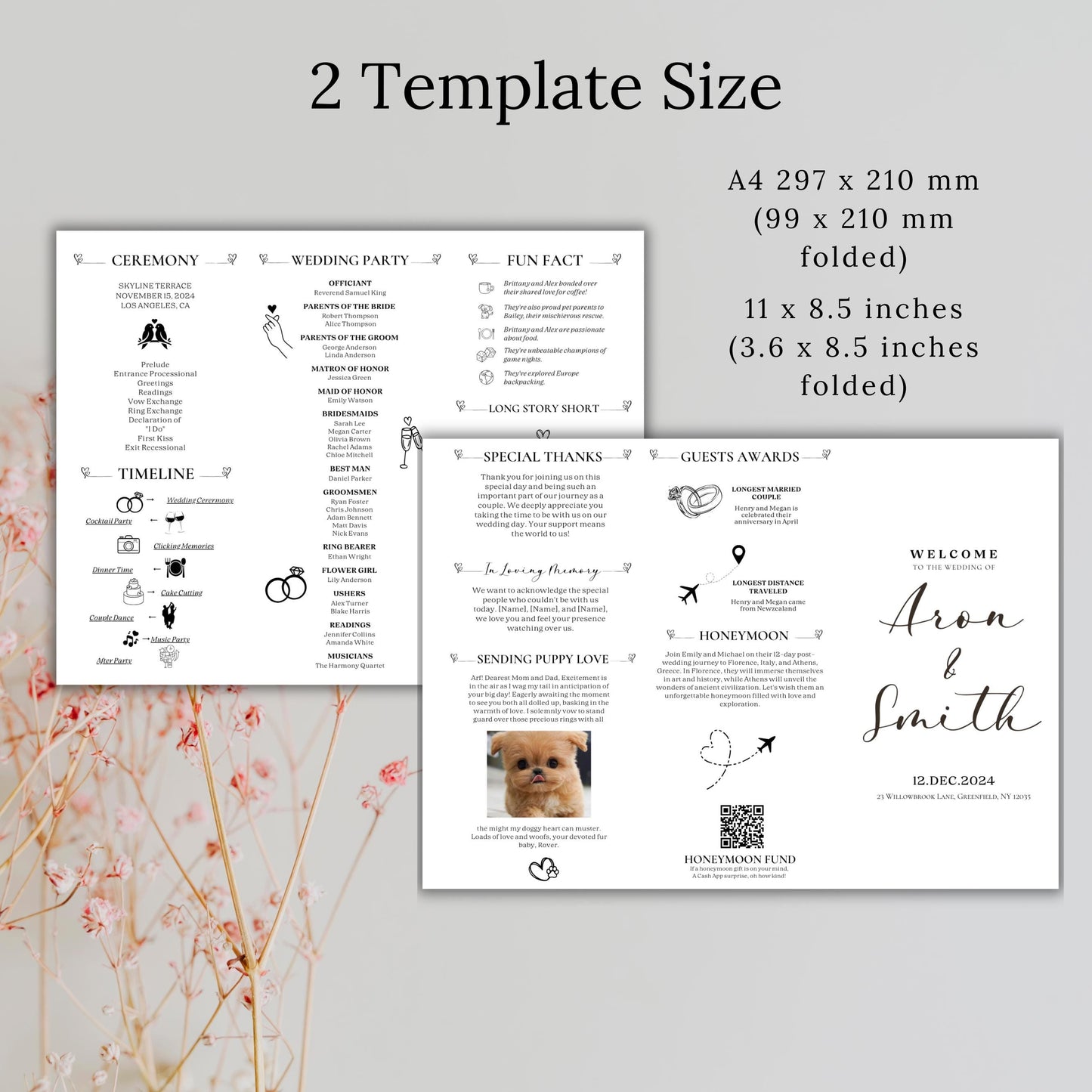 Trifold Wedding Program Template, Wedding Ceremony Program, Modern Wedding Foldable Program, Infographic Wedding, Wedding Day Timeline Canva