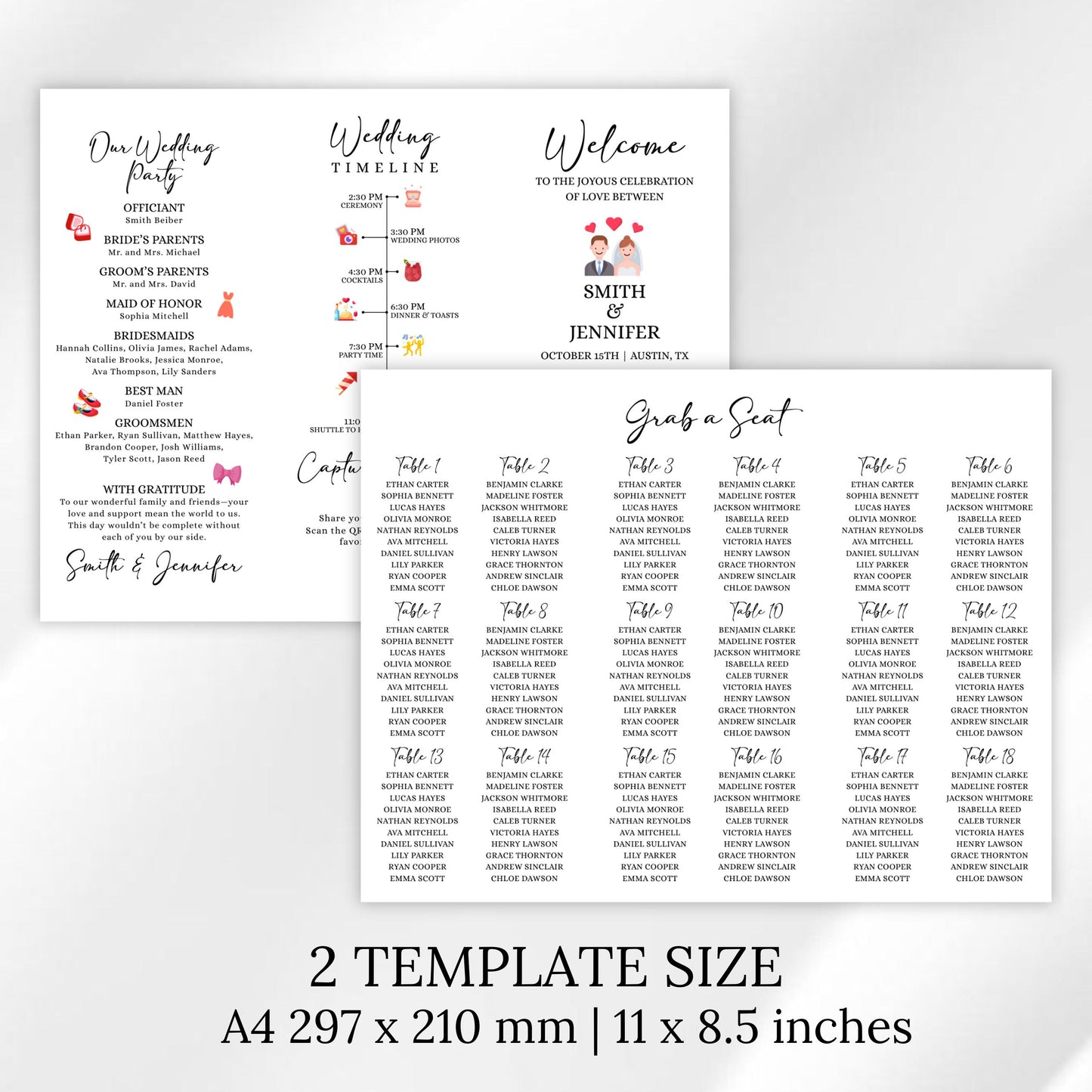 Trifold Wedding Program Template With Wedding Seating Chart Template, Infographic Wedding Program, Editable Wedding Itinerary,Canva Template