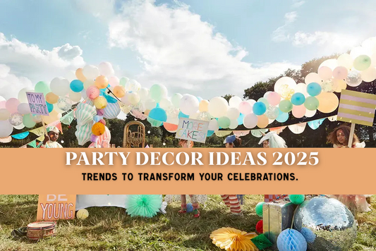Modern party setup with trendy 2025 decorations including bold colors, eco-friendly details, and stylish table settings