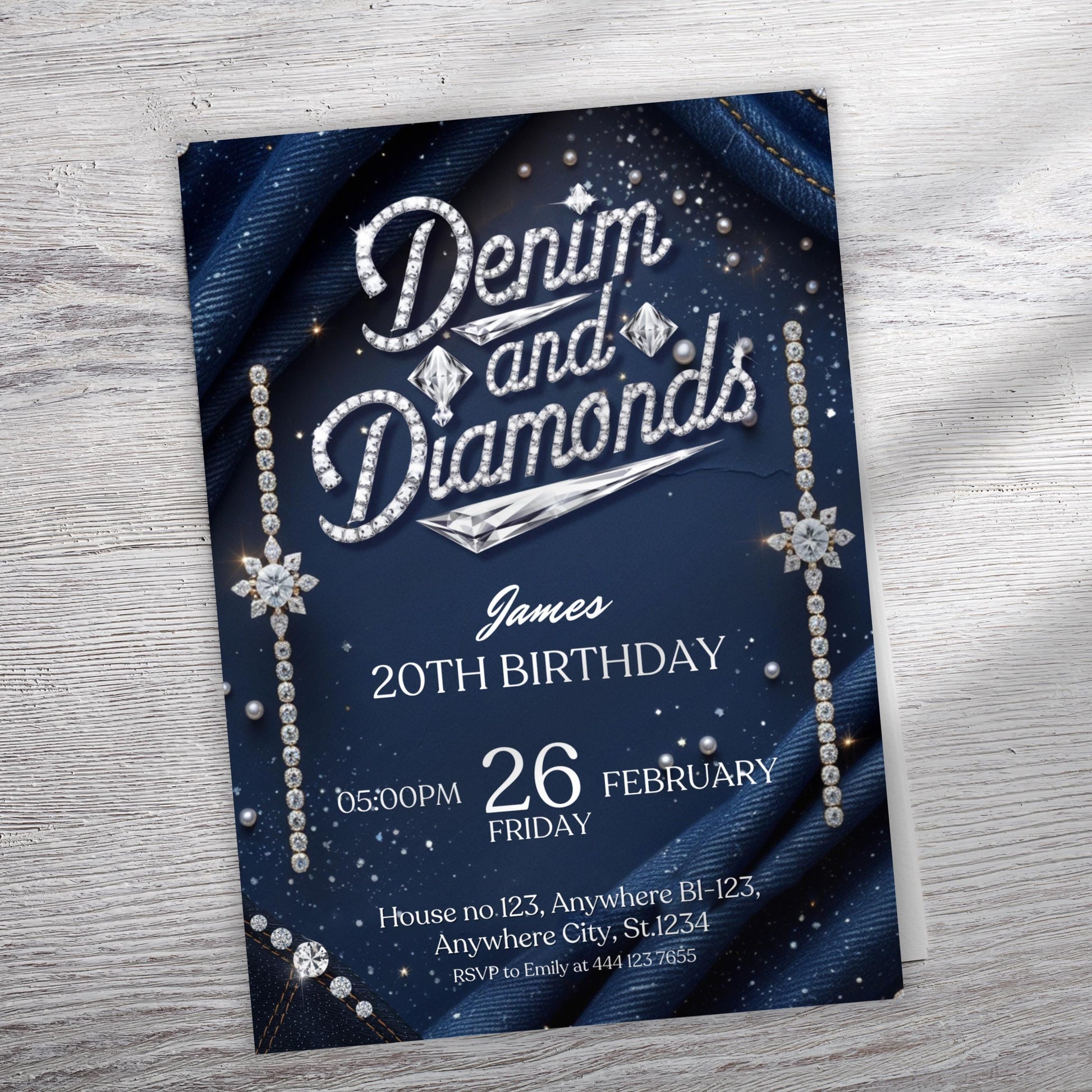 Denim and Diamonds Birthday invitation, Editable Denim Birthday Dinner Invites, denim and diamonds Party Invite, Canva Template