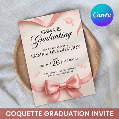 Pink Bow Graduation Invitation, Pink Coquette Bow Graduation Invite, Bow Grad Invitation, Coquette Grad Invite, Class 2025 Grad Invitation