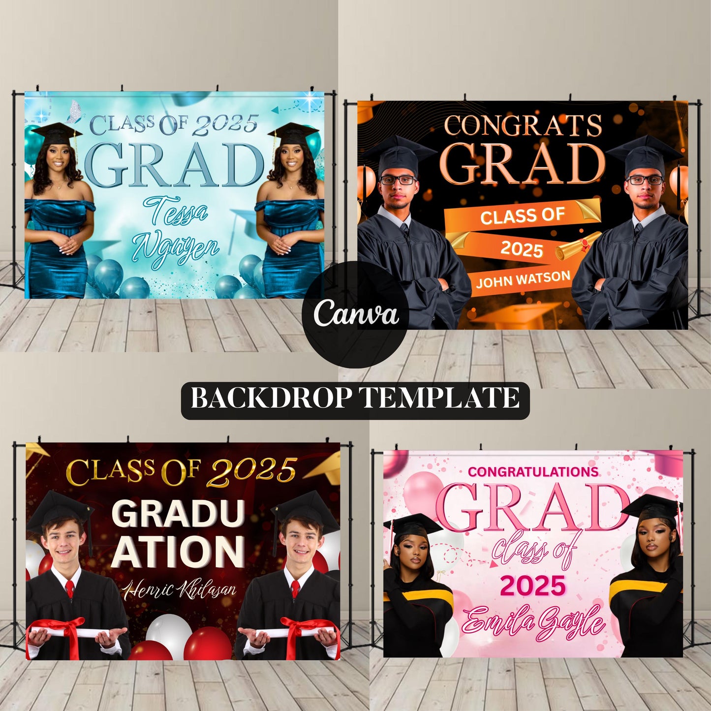 Graduation Backdrop Bundle, 4 Editable Graduate Backdrops, Canva Grad Party Decor,Class of 2025 Backdrop,Grad Backdrop,Grad Party Backdrop