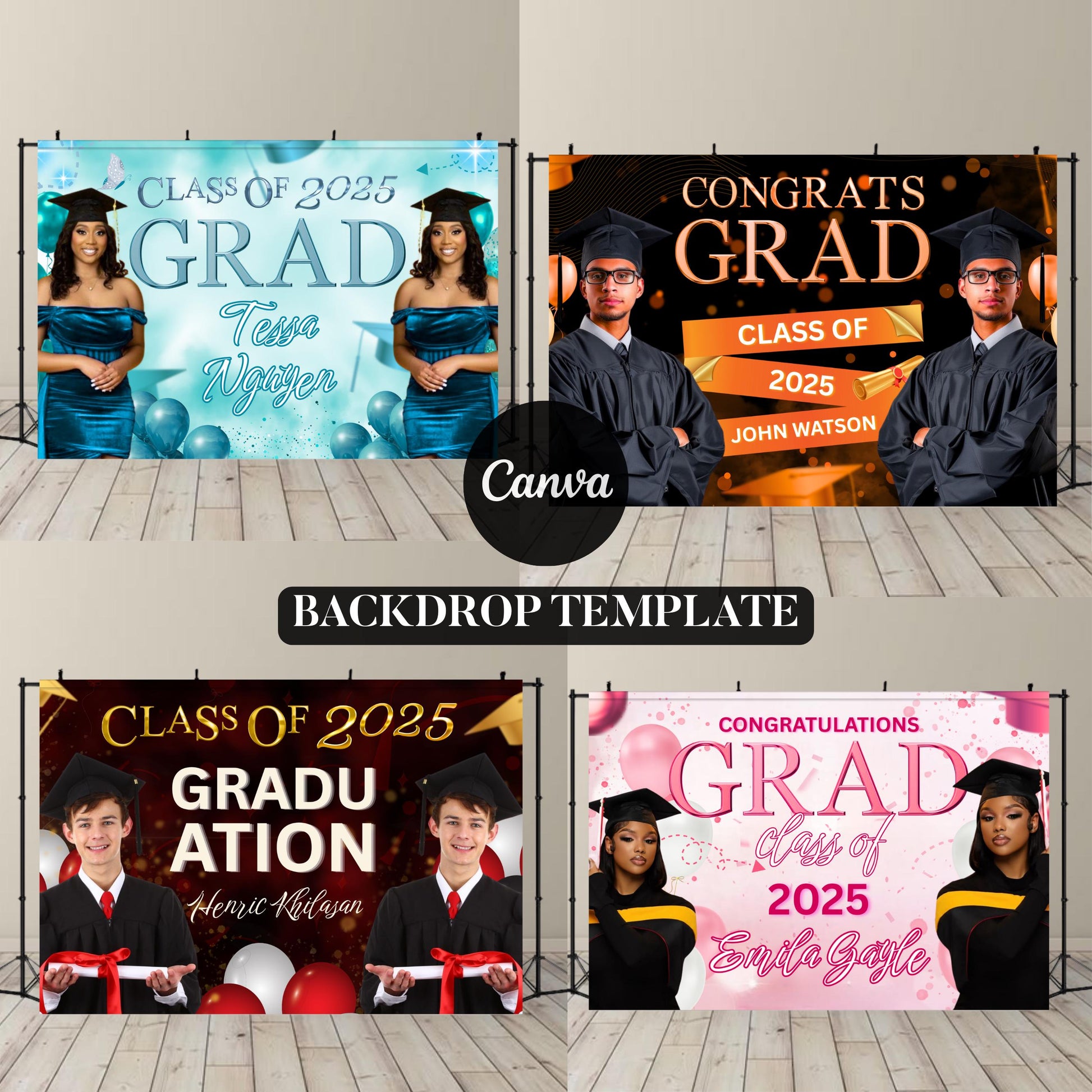 Graduation Backdrop Bundle, 4 Editable Graduate Backdrops, Canva Grad Party Decor,Class of 2025 Backdrop,Grad Backdrop,Grad Party Backdrop