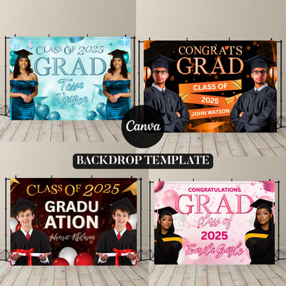 Graduation Backdrop Bundle, 4 Editable Graduate Backdrops, Canva Grad Party Decor,Class of 2025 Backdrop,Grad Backdrop,Grad Party Backdrop
