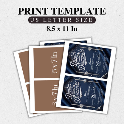 Denim and Diamonds Birthday invitation, Editable Denim Birthday Dinner Invites, denim and diamonds Party Invite, Canva Template