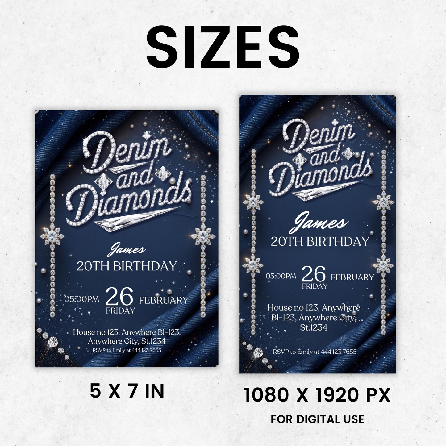 Denim and Diamonds Birthday invitation, Editable Denim Birthday Dinner Invites, denim and diamonds Party Invite, Canva Template