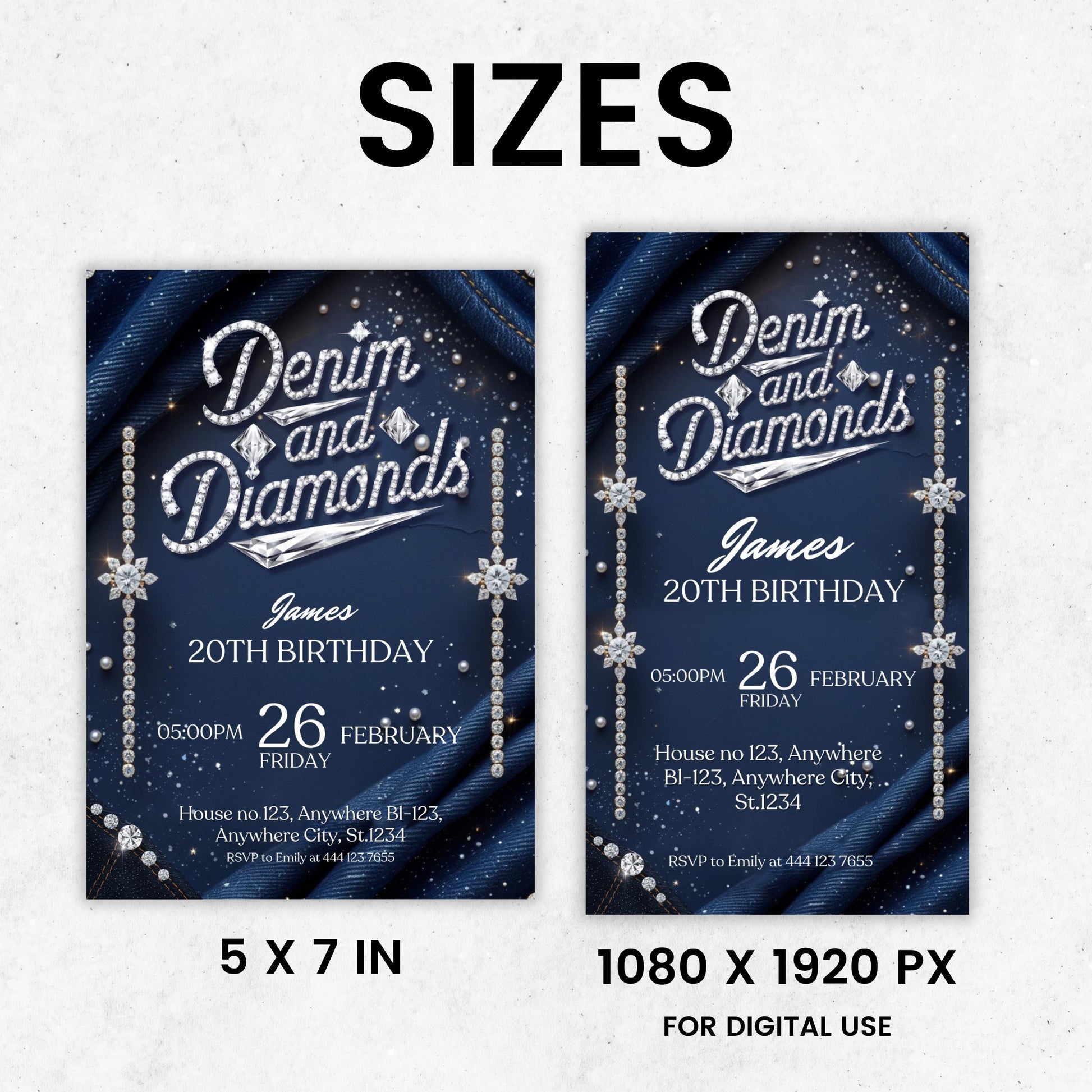 Denim and Diamonds Birthday invitation, Editable Denim Birthday Dinner Invites, denim and diamonds Party Invite, Canva Template