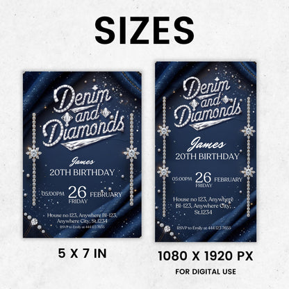 Denim and Diamonds Birthday invitation, Editable Denim Birthday Dinner Invites, denim and diamonds Party Invite, Canva Template
