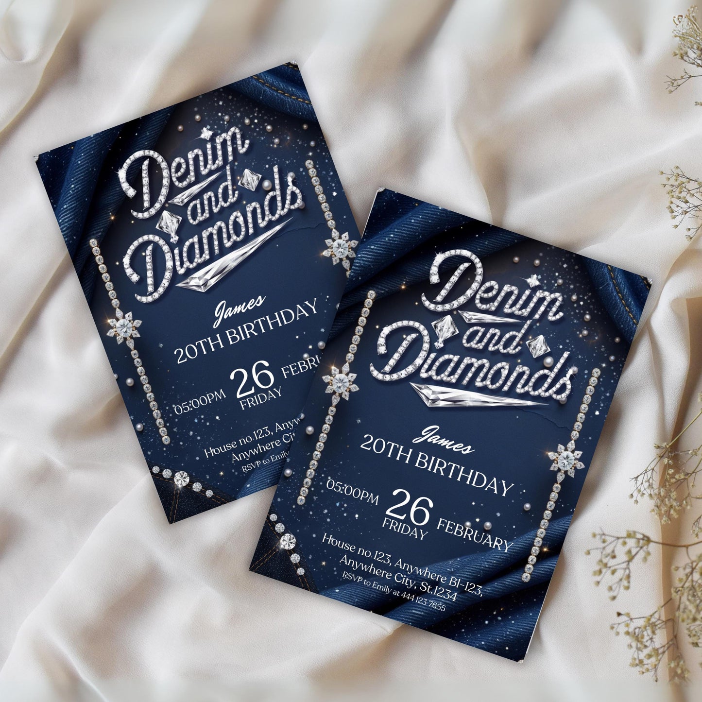Denim and Diamonds Birthday invitation, Editable Denim Birthday Dinner Invites, denim and diamonds Party Invite, Canva Template