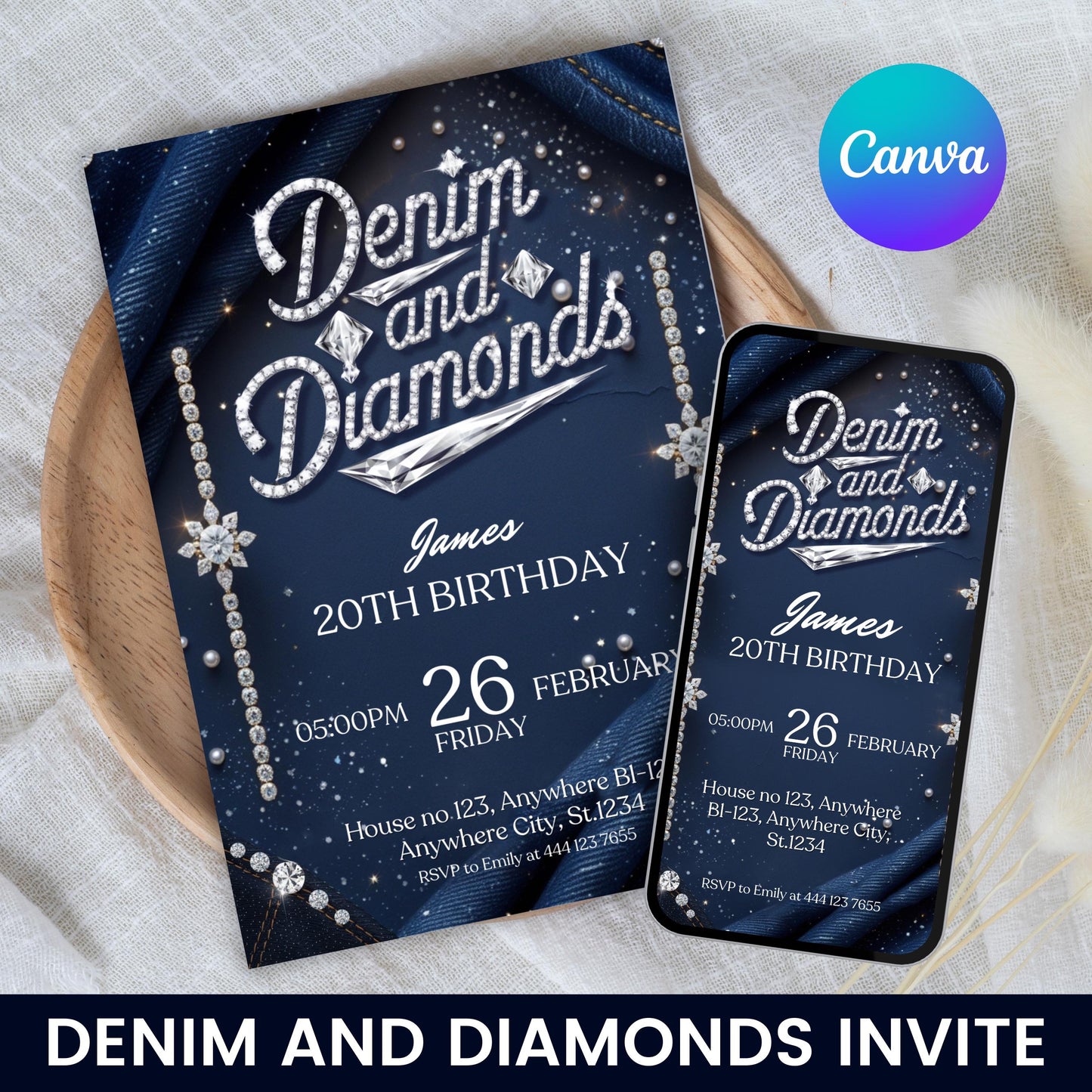 Denim and Diamonds Birthday invitation, Editable Denim Birthday Dinner Invites, denim and diamonds Party Invite, Canva Template