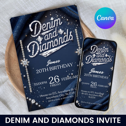 Denim and Diamonds Birthday invitation, Editable Denim Birthday Dinner Invites, denim and diamonds Party Invite, Canva Template