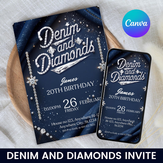 Denim and Diamonds Birthday invitation, Editable Denim Birthday Dinner Invites, denim and diamonds Party Invite, Canva Template