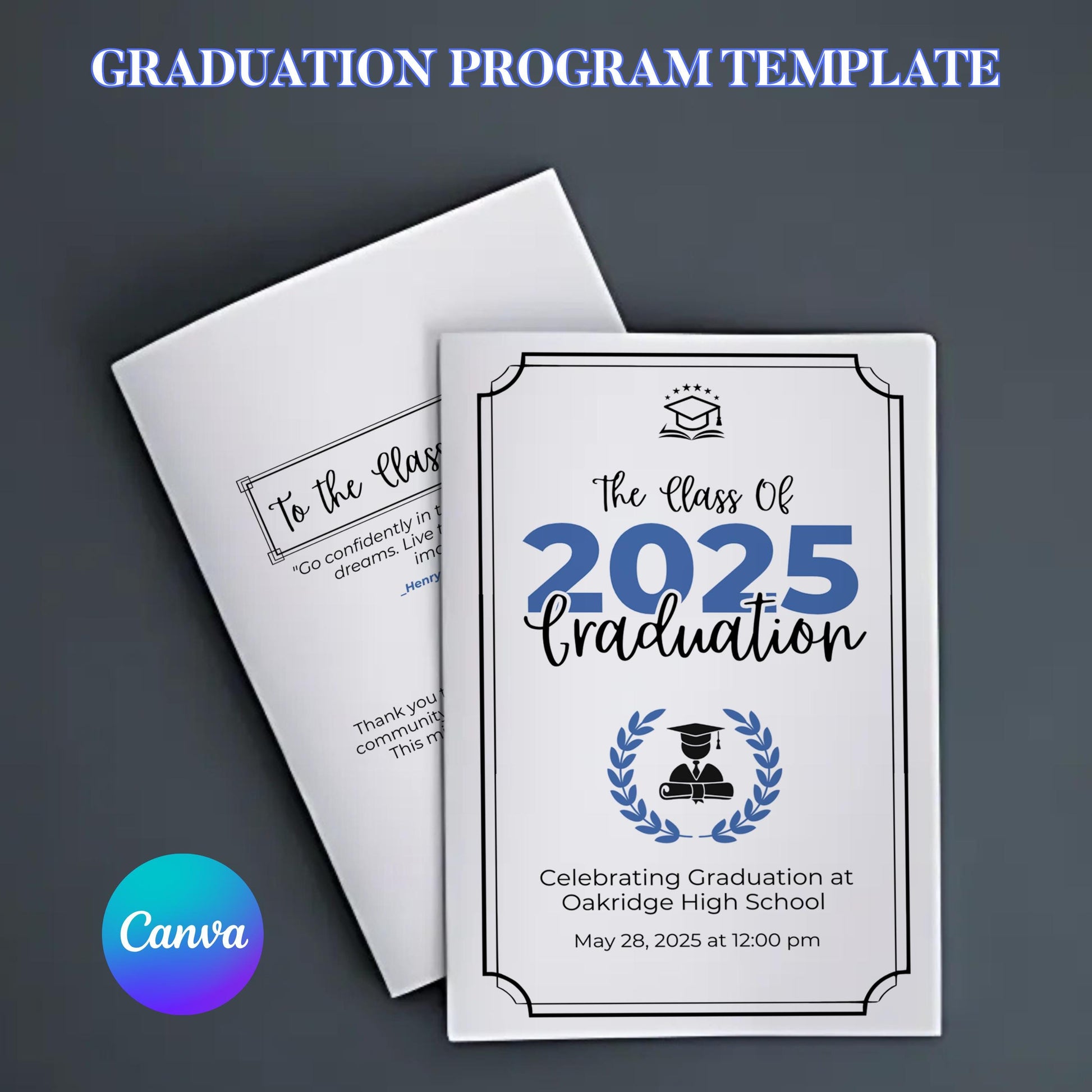 8th grade graduation program, 5th grade Graduation Program,2025 Graduation Program Template,Class of 2025,High School College,Canva Template