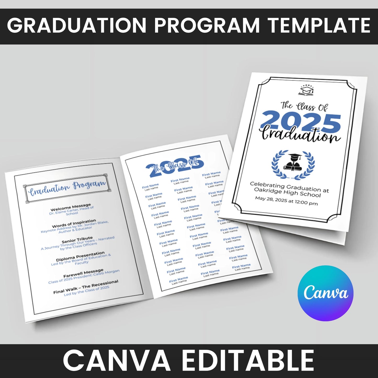 2025 Graduation Program Template, Editable 2025 Ceremony Card, Class of 2025, High School & College Graduation Program, Instant Download