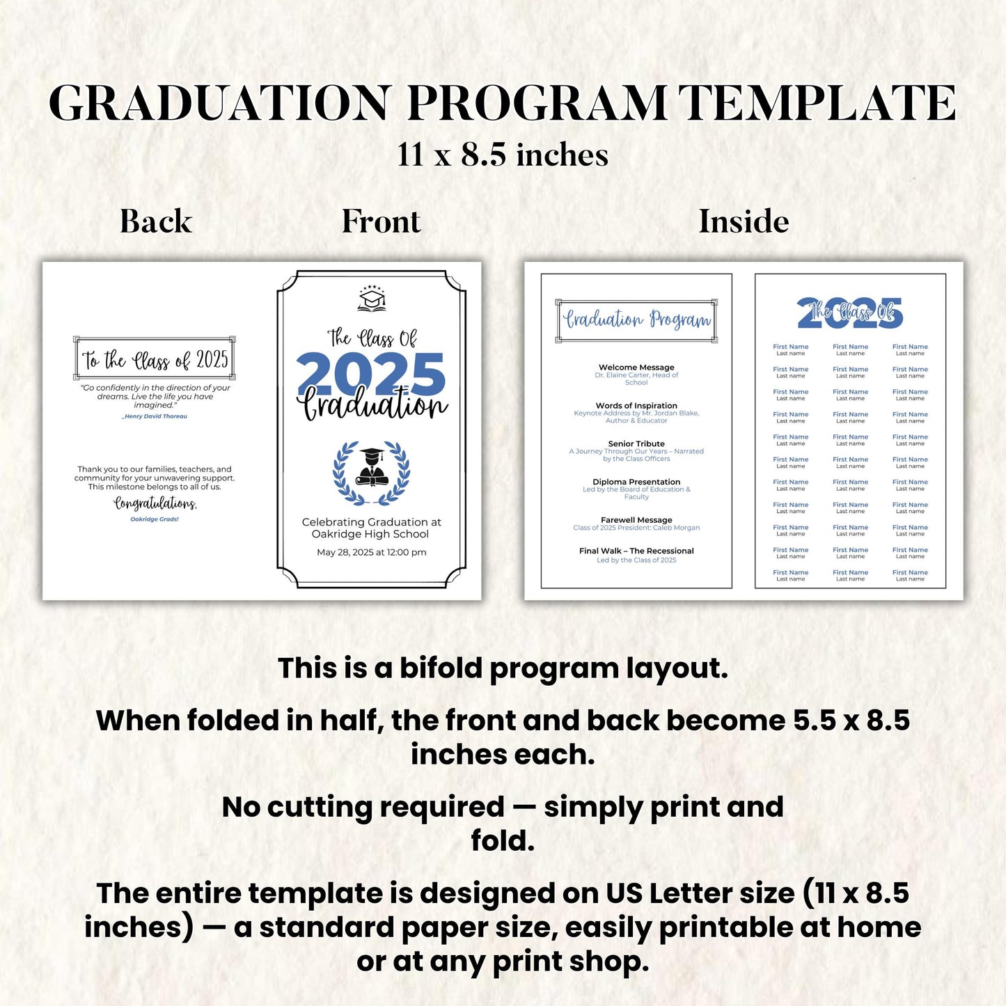 8th grade graduation program, 5th grade Graduation Program,2025 Graduation Program Template,Class of 2025,High School College,Canva Template