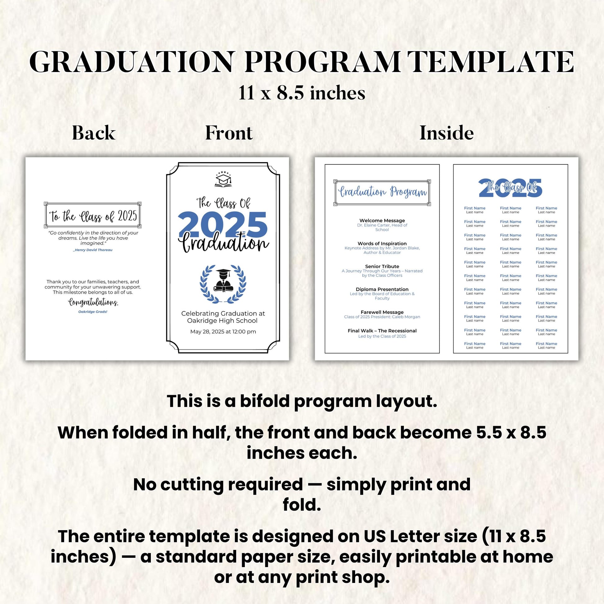 8th grade graduation program, 5th grade Graduation Program,2025 Graduation Program Template,Class of 2025,High School College,Canva Template