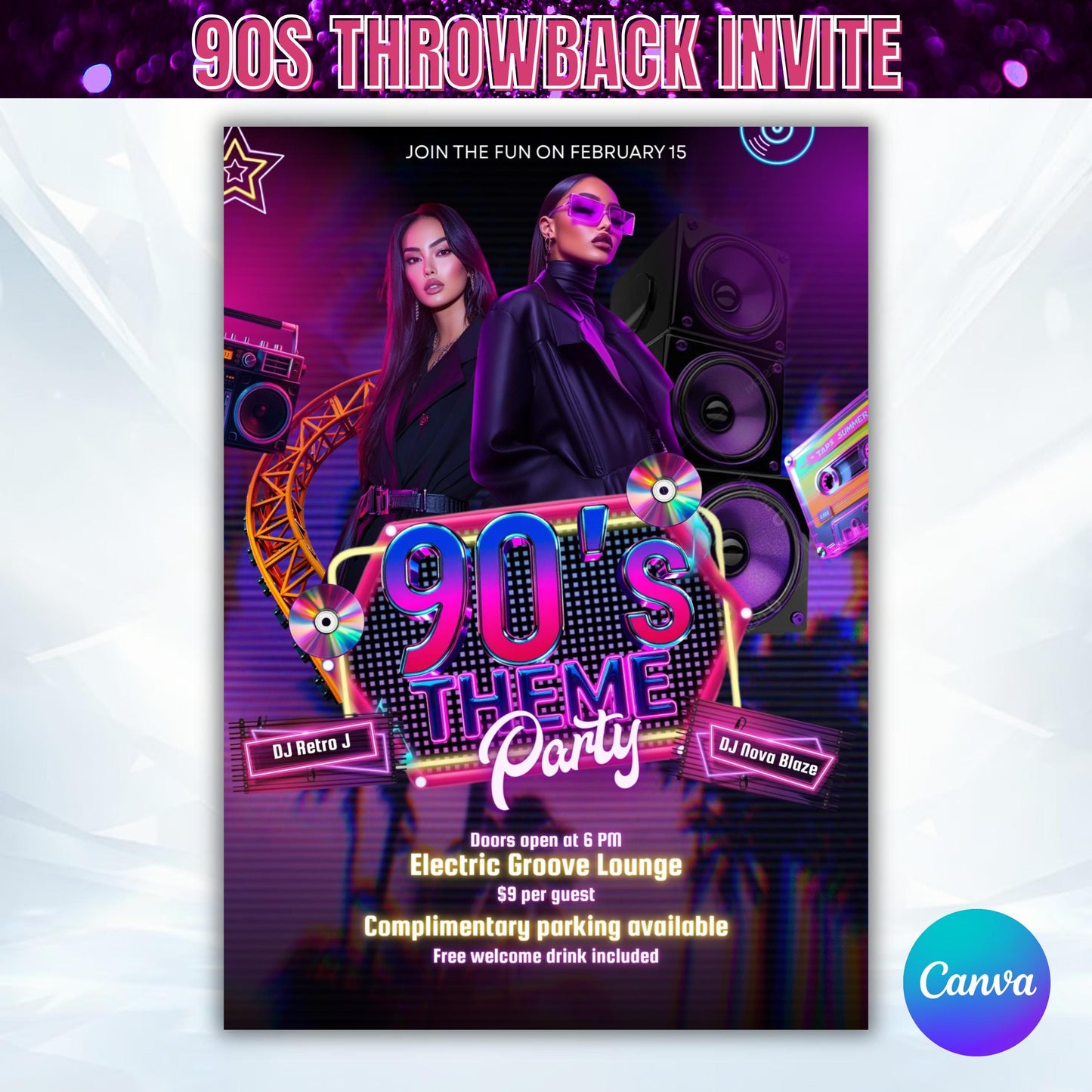 90s Throwback Party Invitation, Retro 90s Hip Hop Party Invite, 90s Party Invite, 90s Theme Birthday, Back to the 90s Invite, Canva Template