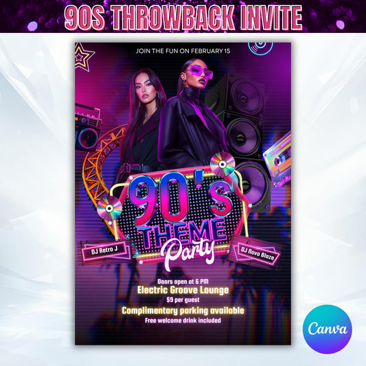 90s Throwback Party Invitation, Retro 90s Hip Hop Party Invite, 90s Party Invite, 90s Theme Birthday, Back to the 90s Invite, Canva Template
