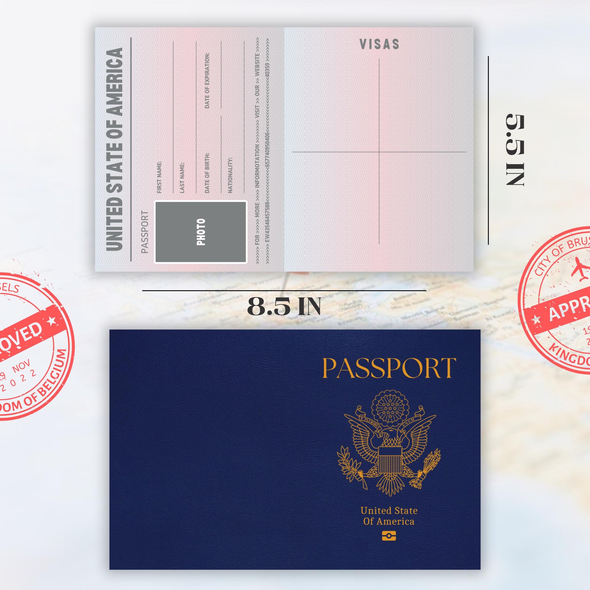 Editable Us Passports for Kids, Printable Passport for Kid for Playing Travel and Learning,kids Boarding Pass, Stamps & Visas Canva Template