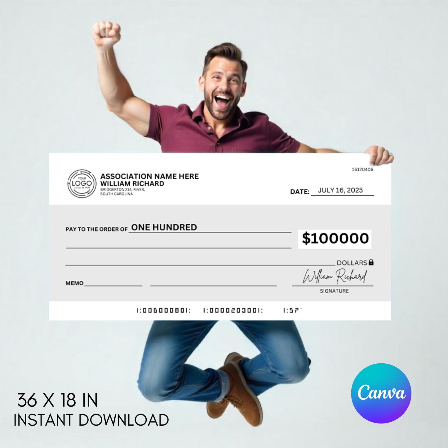 Super Large Blank Check, 36 x 18 in Manifestation Check Canva,Blank Check Blank,Check for Charity fundraising event,Personal Check Template