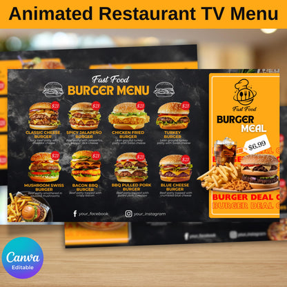 Animated Digital Download Tv Restaurant Menu Template, catering menu, Restaurant menu Display screen, Editable menu Board, Canva template