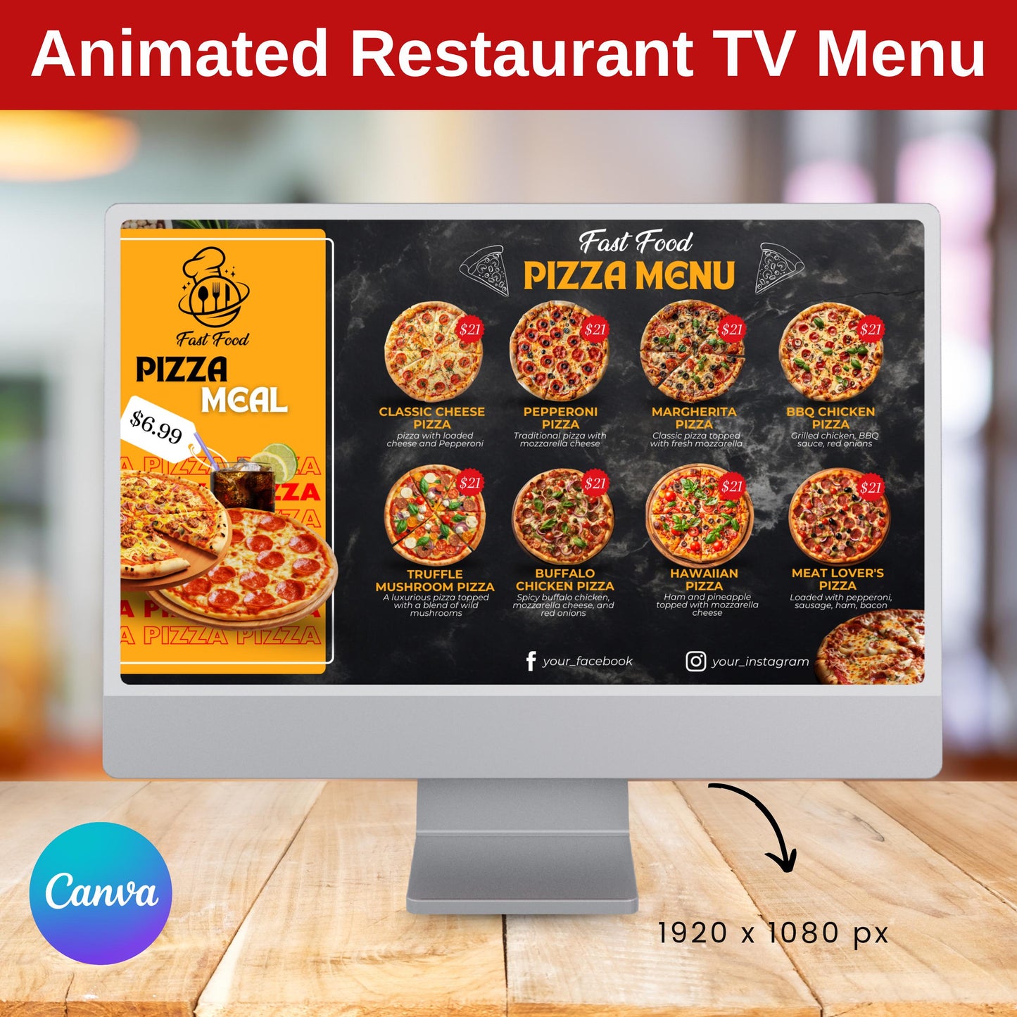 Animated Digital Download Tv Restaurant Menu Template, catering menu, Restaurant menu Display screen, Editable menu Board, Canva template
