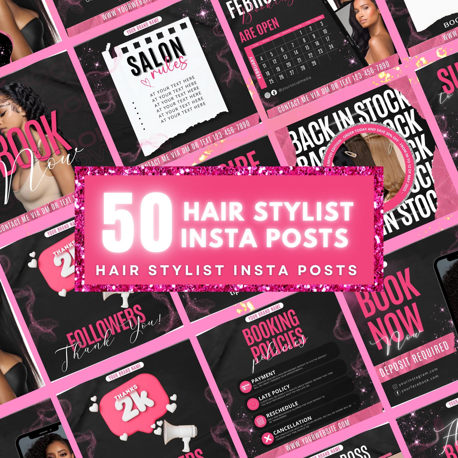 Hair Stylist Instagram Post Template, Black and Pink Hairstylist Template, Hair Instagram Template, Hair Salon Instagram, Hair Care Template