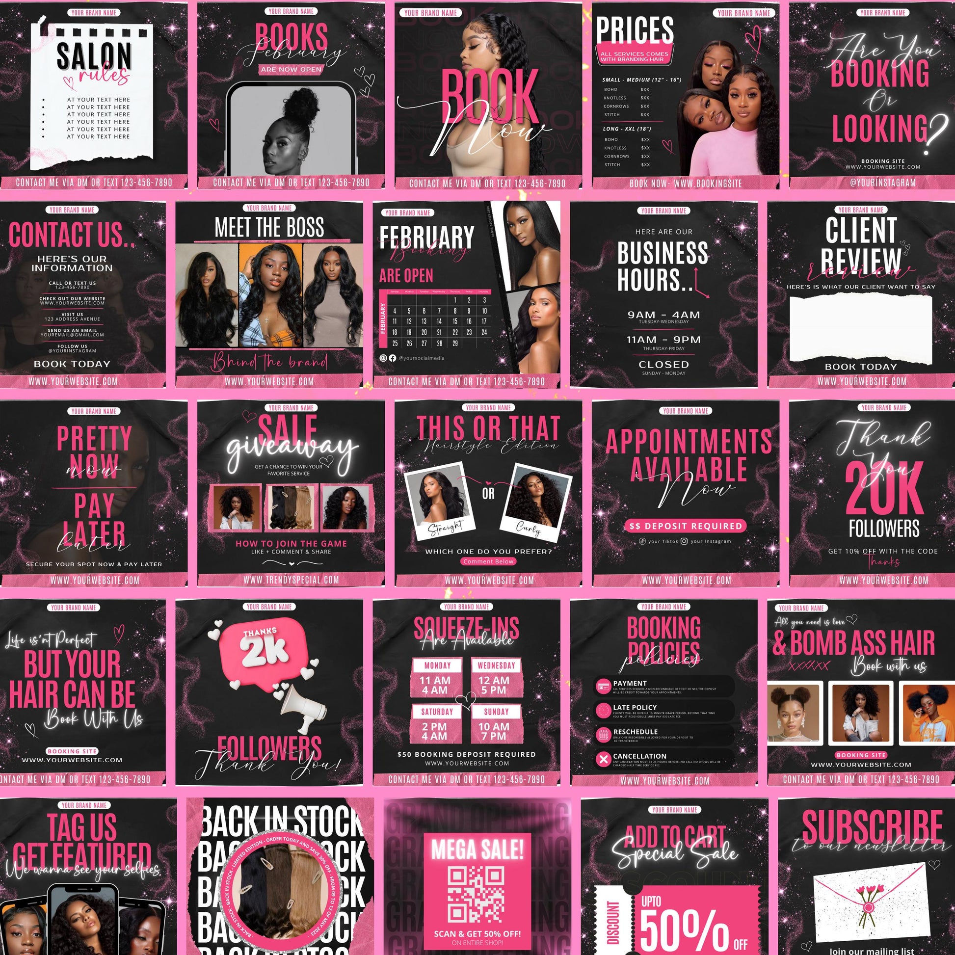 Hair Stylist Instagram Post Template, Black and Pink Hairstylist Template, Hair Instagram Template, Hair Salon Instagram, Hair Care Template