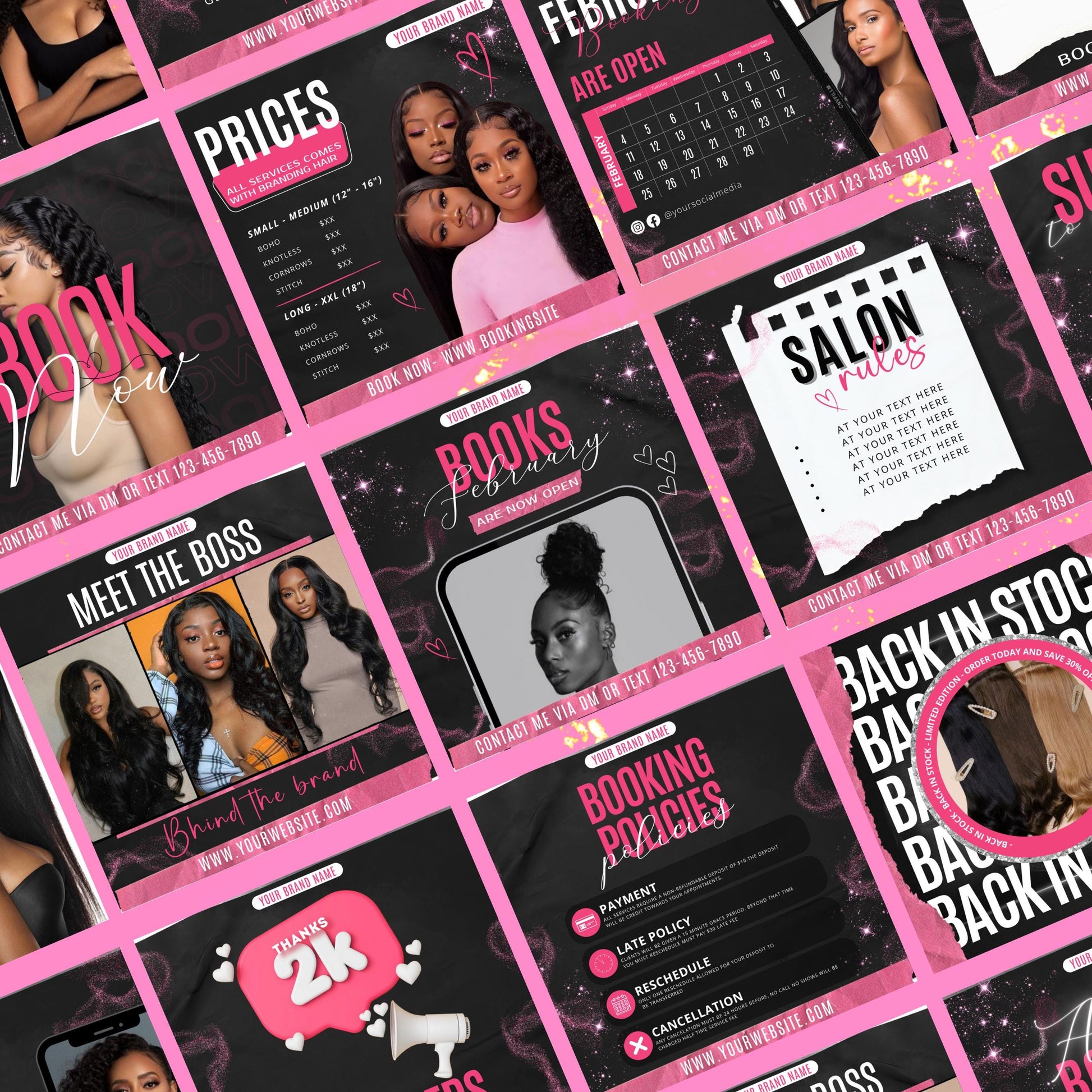 Hair Stylist Instagram Post Template, Black and Pink Hairstylist Template, Hair Instagram Template, Hair Salon Instagram, Hair Care Template