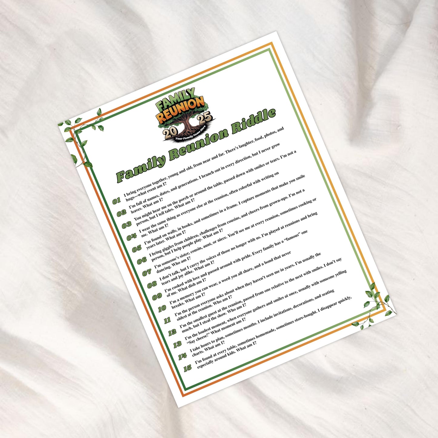 Family Reunion Riddles, Family Reunion Riddle Me This, Riddles for Kids, Family Reunion Games, Family Reunion Activity, Family Reunion Game