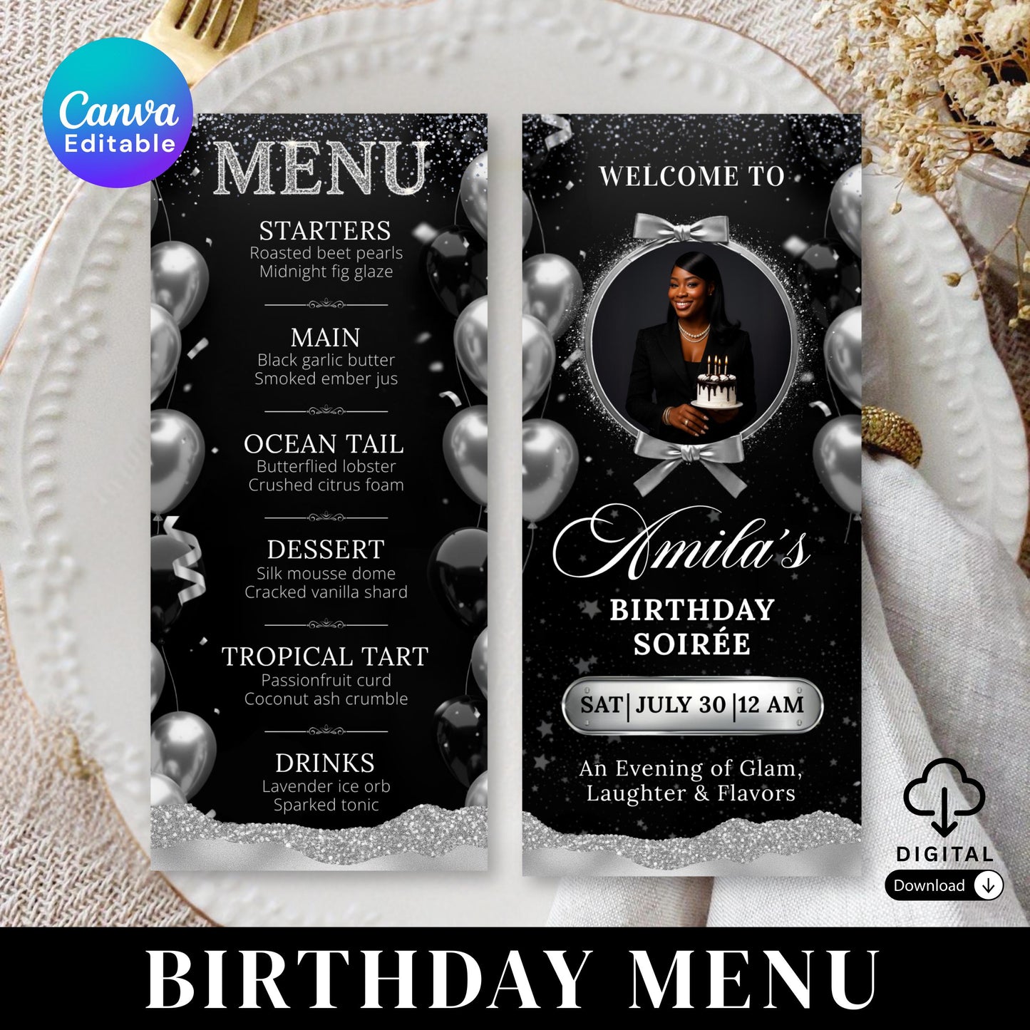 Full Picture Menu and Drink Card, menu template, Menu Template, Menu Cards, Dinner Menu, Birthday Menu, Birthday Dinner Menu, Party Menu