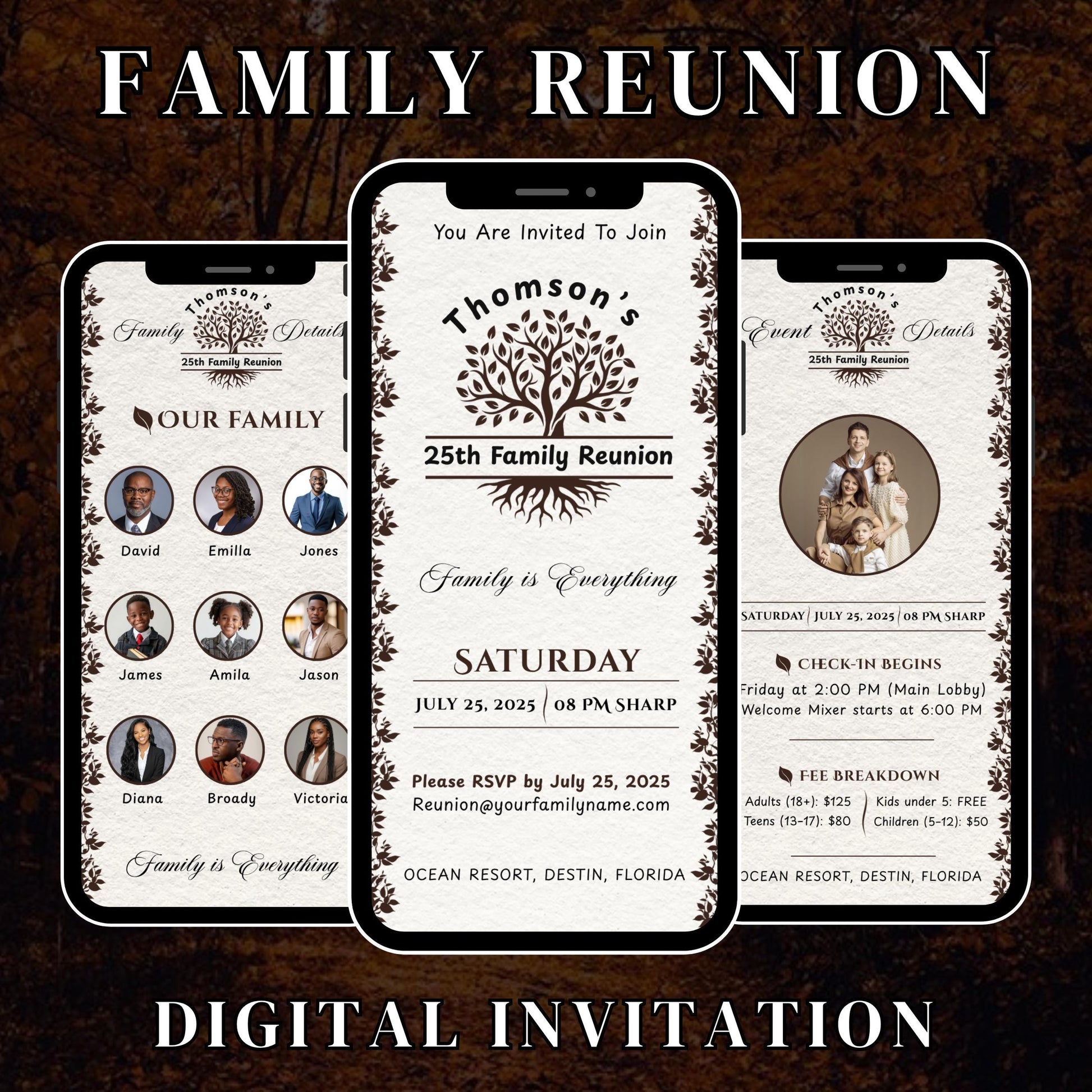 Digital Family Reunion Itinerary, Family Tree Trip, High School Class Reunion, Family Schedule, Editable Itinerary Template, Canva Template