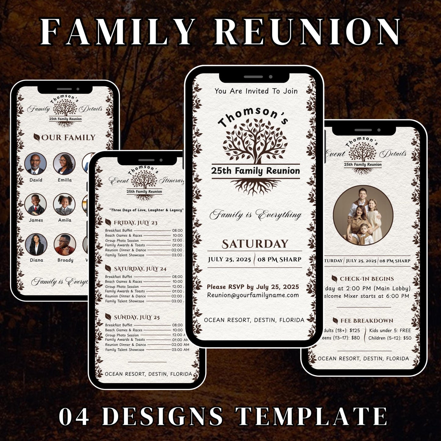 Digital Family Reunion Itinerary, Family Tree Trip, High School Class Reunion, Family Schedule, Editable Itinerary Template, Canva Template