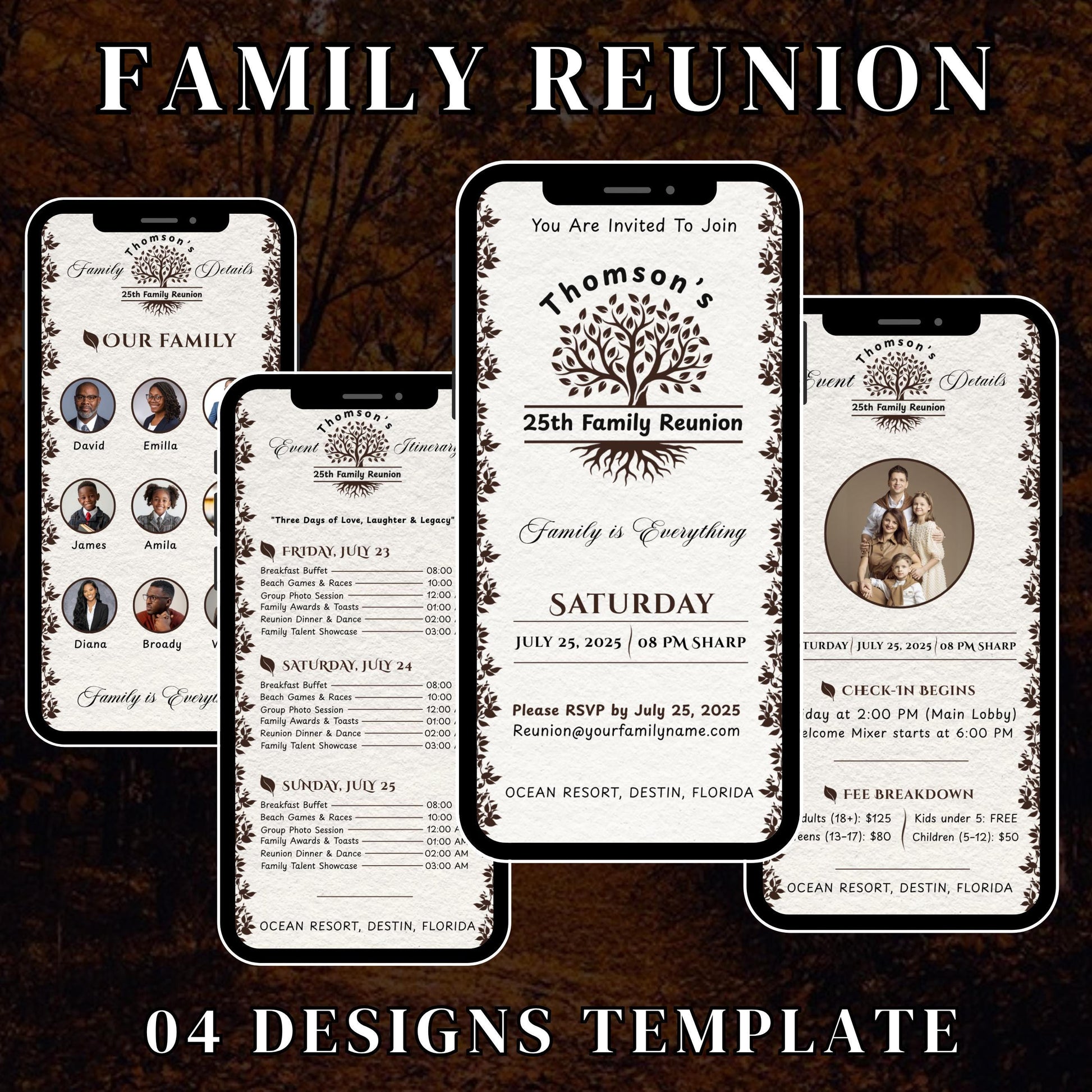 Digital Family Reunion Itinerary, Family Tree Trip, High School Class Reunion, Family Schedule, Editable Itinerary Template, Canva Template