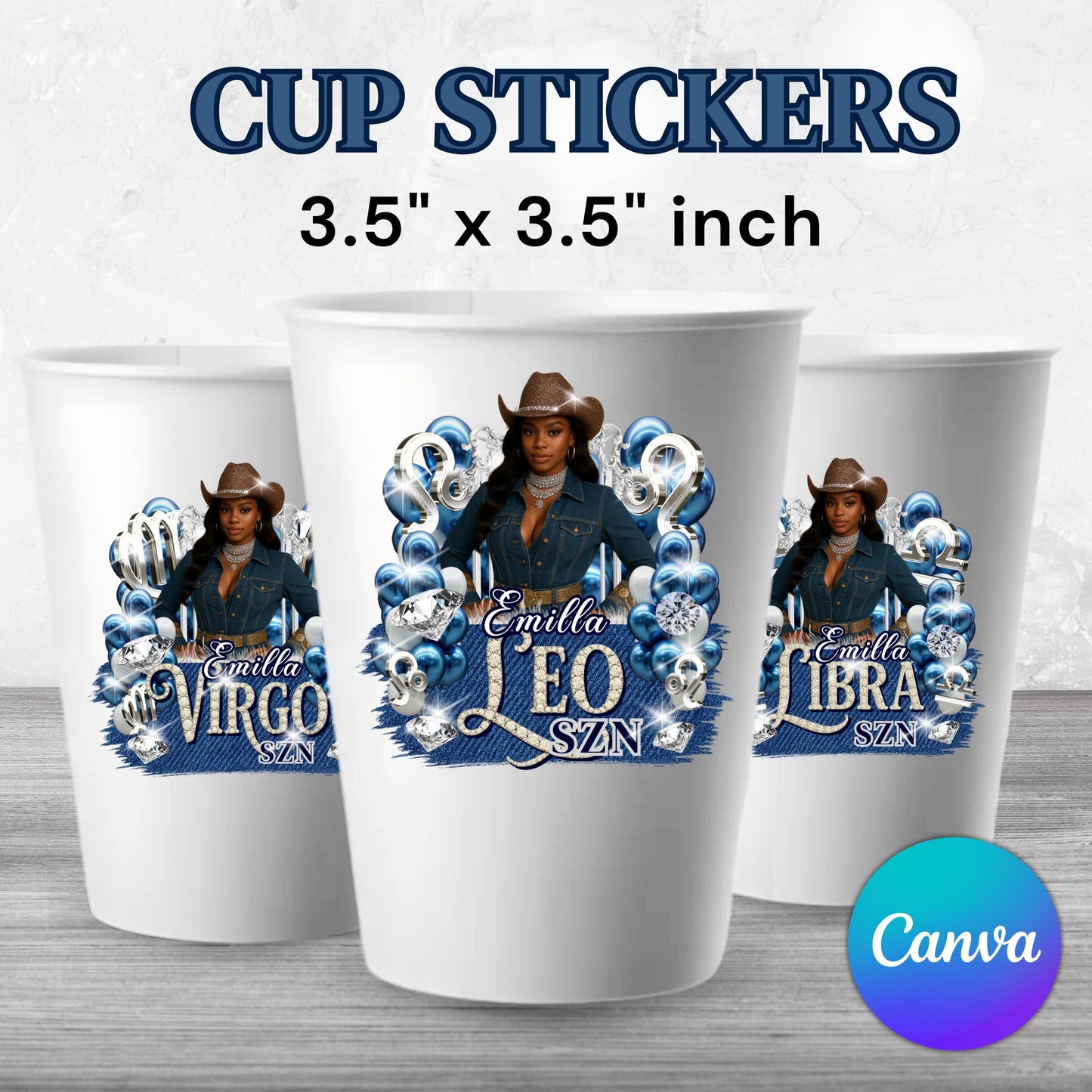 Denim And Diamonds Styrofoam Cup Sticker Template, Editable Party Cup Template Customizable Styrofoam Cup Design, Custom Party Cups Canva