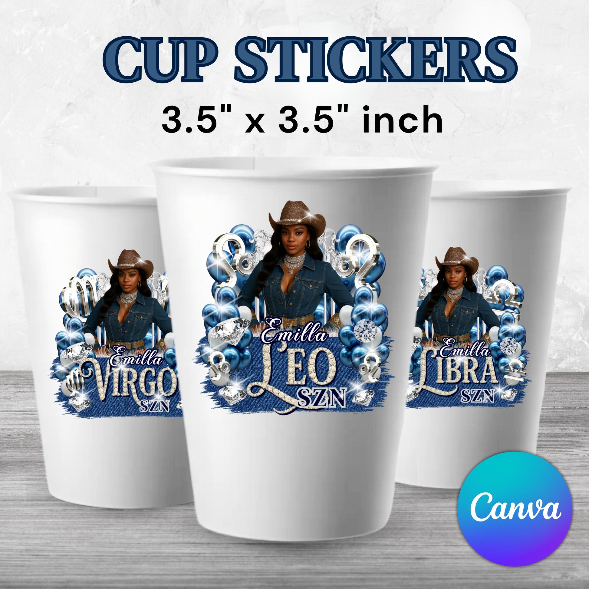Denim And Diamonds Styrofoam Cup Sticker Template, Editable Party Cup Template Customizable Styrofoam Cup Design, Custom Party Cups Canva