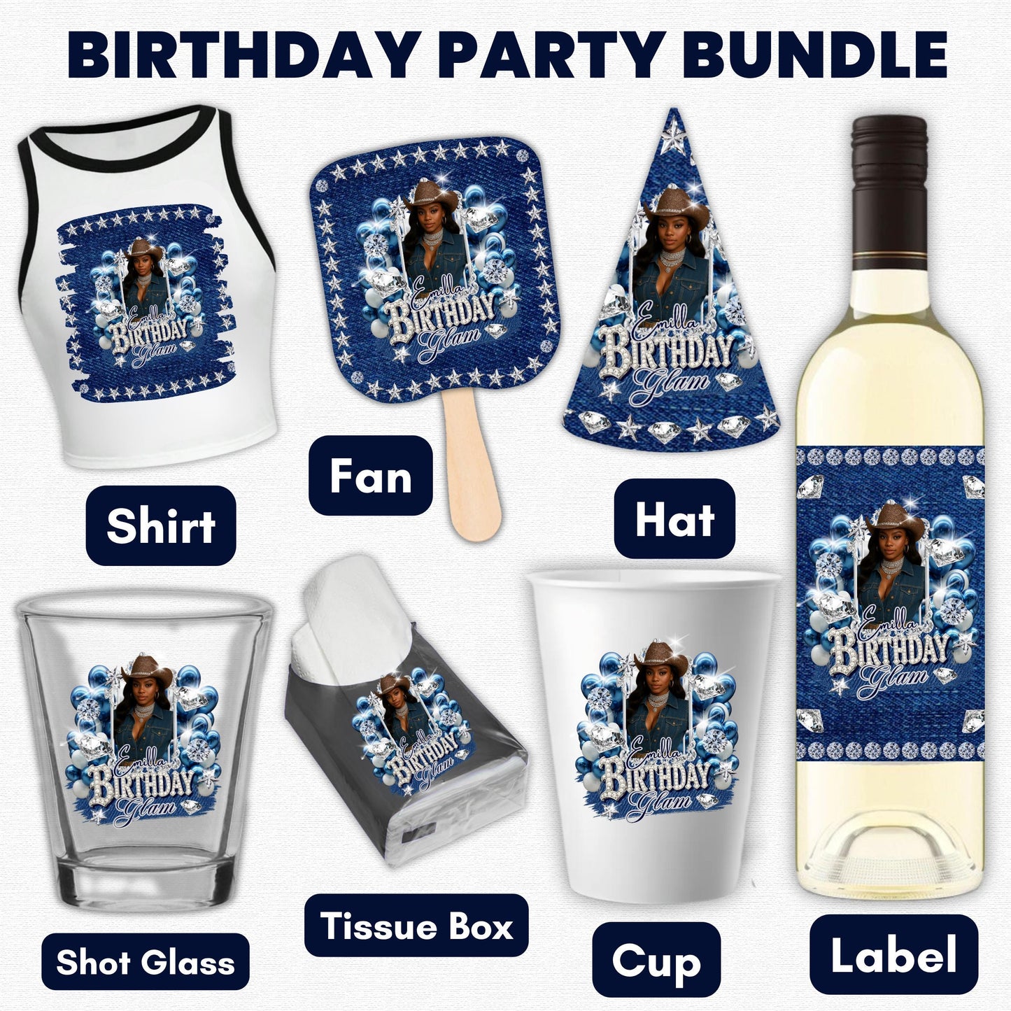 Denim & Diamonds Party Cup Birthday Canva Template, Styrofoam Cup Design, Shot Glass Label, Party Shirt Design Birthday Design,