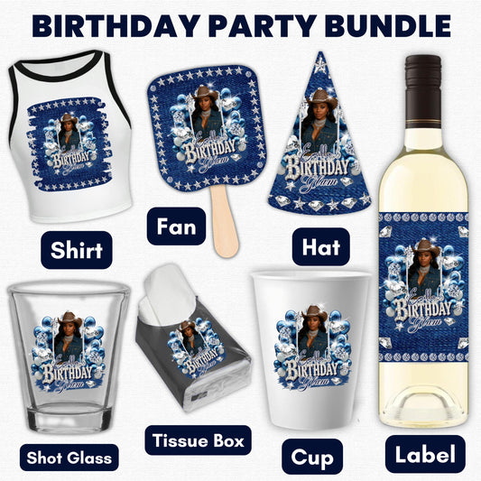 Denim & Diamonds Party Cup Birthday Canva Template, Styrofoam Cup Design, Shot Glass Label, Party Shirt Design Birthday Design,