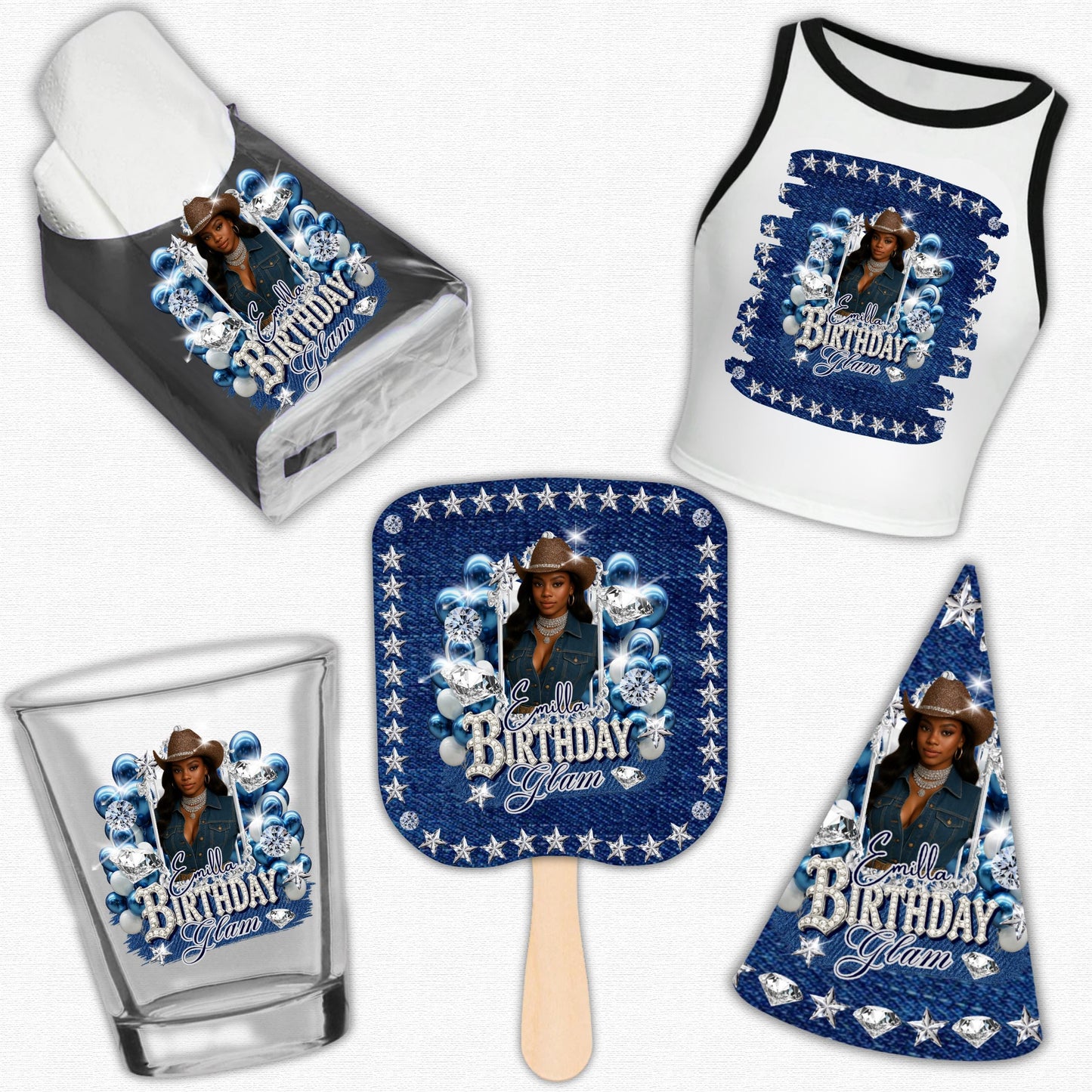 Denim & Diamonds Party Cup Birthday Canva Template, Styrofoam Cup Design, Shot Glass Label, Party Shirt Design Birthday Design,