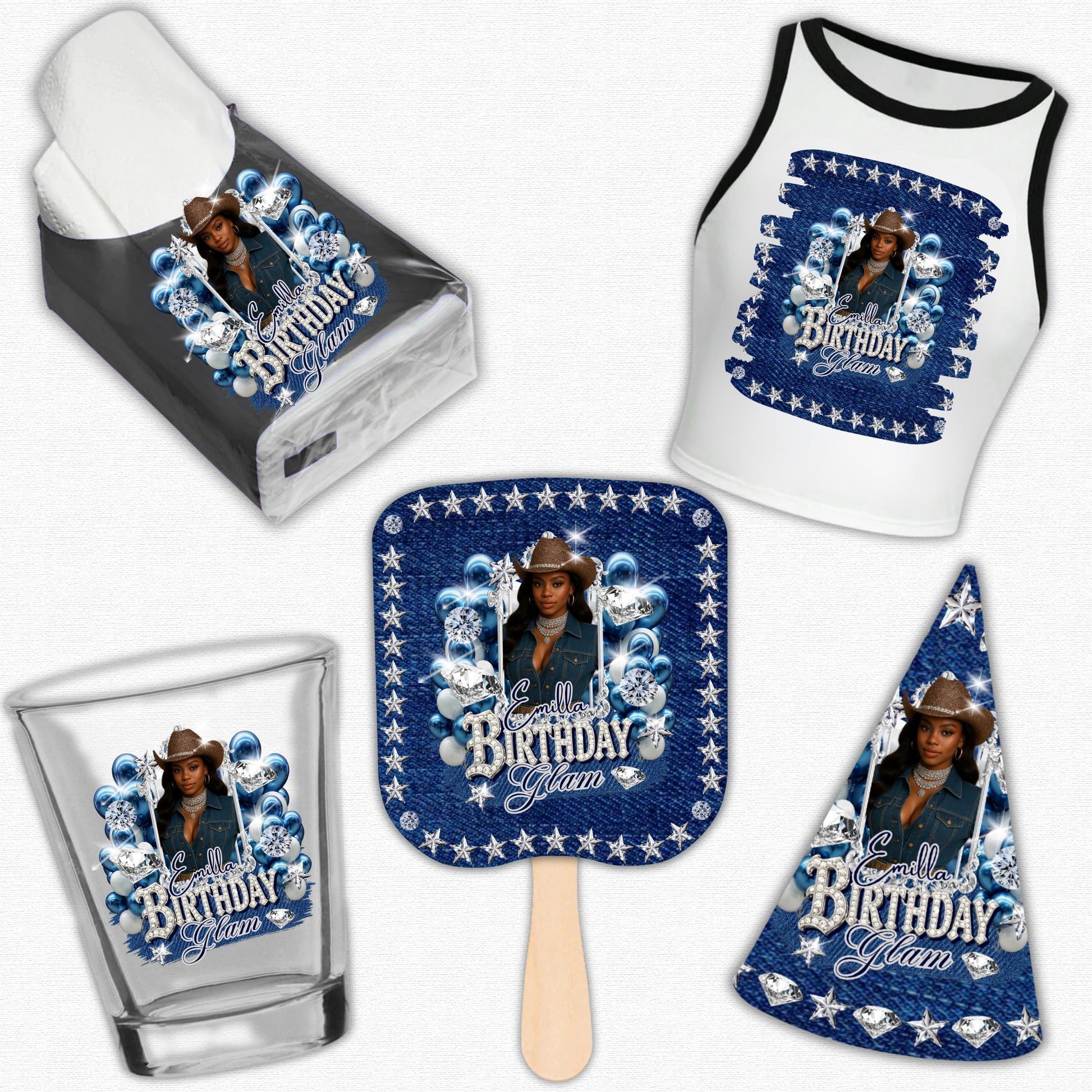 Denim & Diamonds Party Cup Birthday Canva Template, Styrofoam Cup Design, Shot Glass Label, Party Shirt Design Birthday Design,