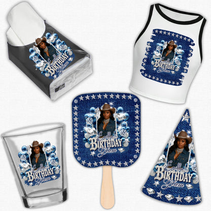 Denim & Diamonds Party Cup Birthday Canva Template, Styrofoam Cup Design, Shot Glass Label, Party Shirt Design Birthday Design,