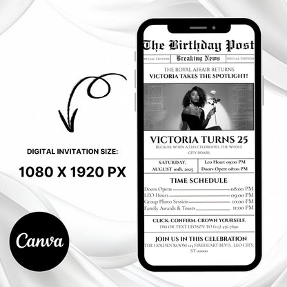 Leo Birthday Newspaper Invitation,Digital leo Birthday Newspaper Invitation,Leo Newpaper Invite,Editable BdayNewspaper Announcement template