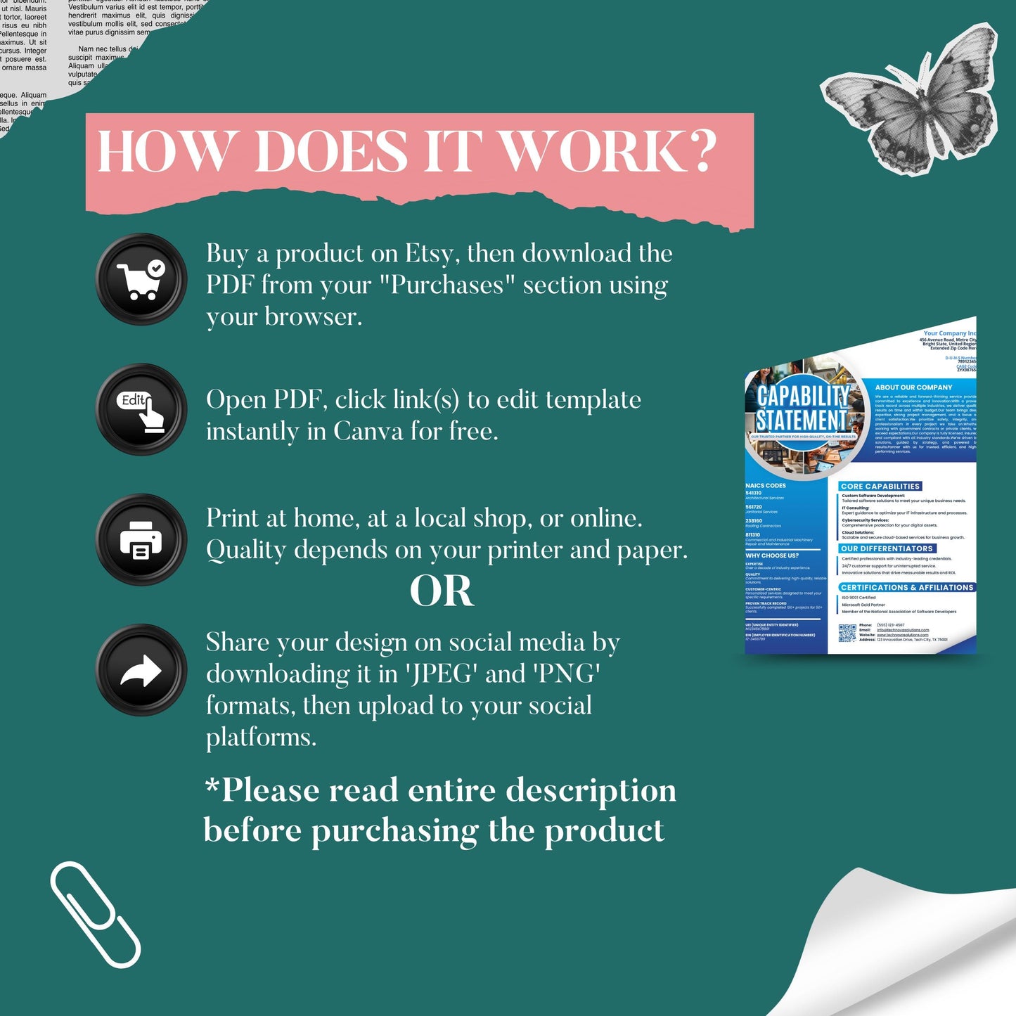 Capability Statement Canva Template, Business Capability Statement Design, Company Overview, Government Contracting Business Documen