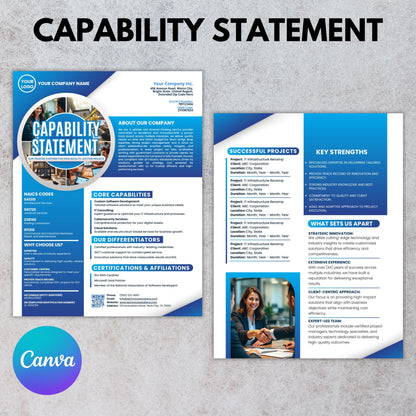 Capability Statement Canva Template, Business Capability Statement Design, Company Overview, Government Contracting Business Documen