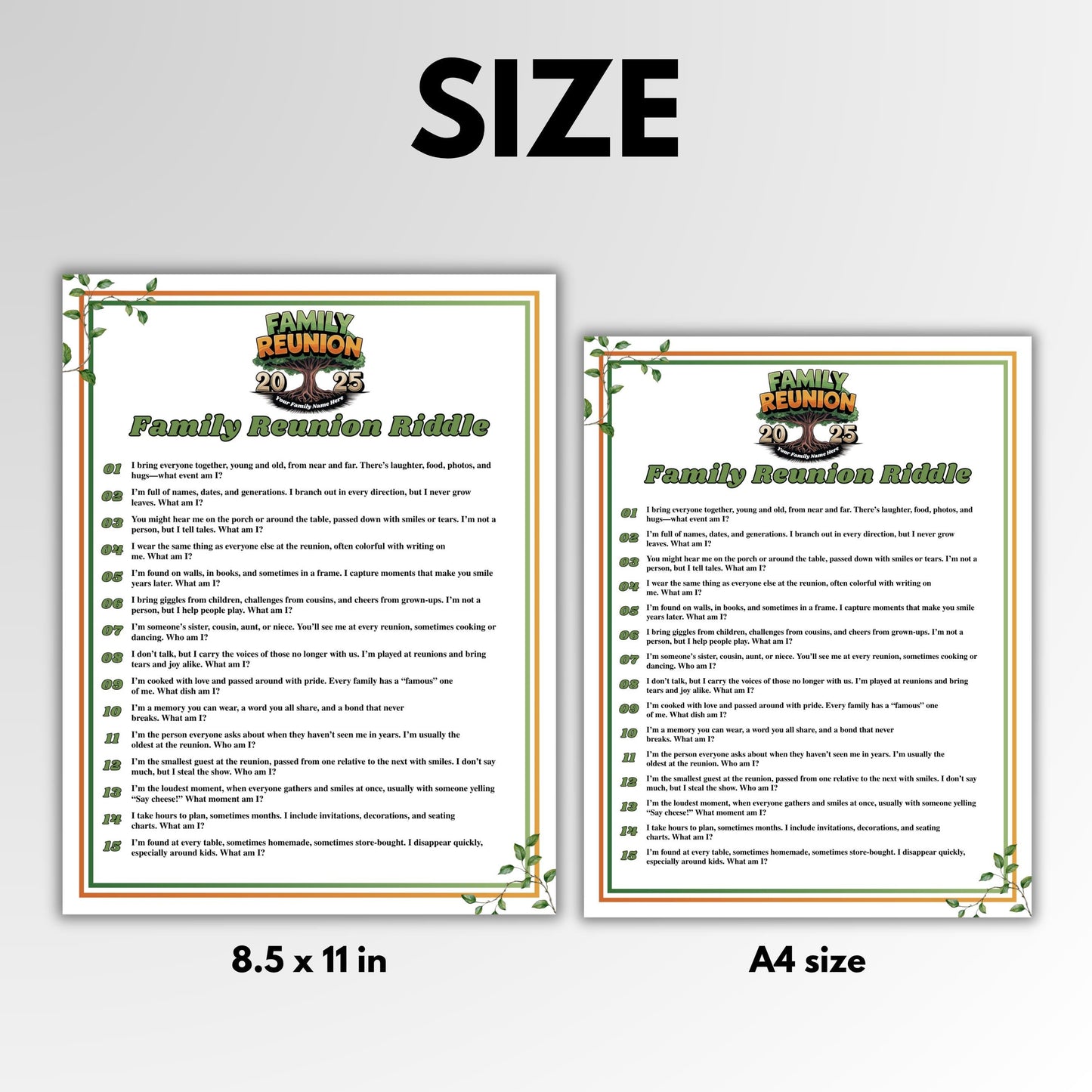 Family Reunion Riddles, Family Reunion Riddle Me This, Riddles for Kids, Family Reunion Games, Family Reunion Activity, Family Reunion Game