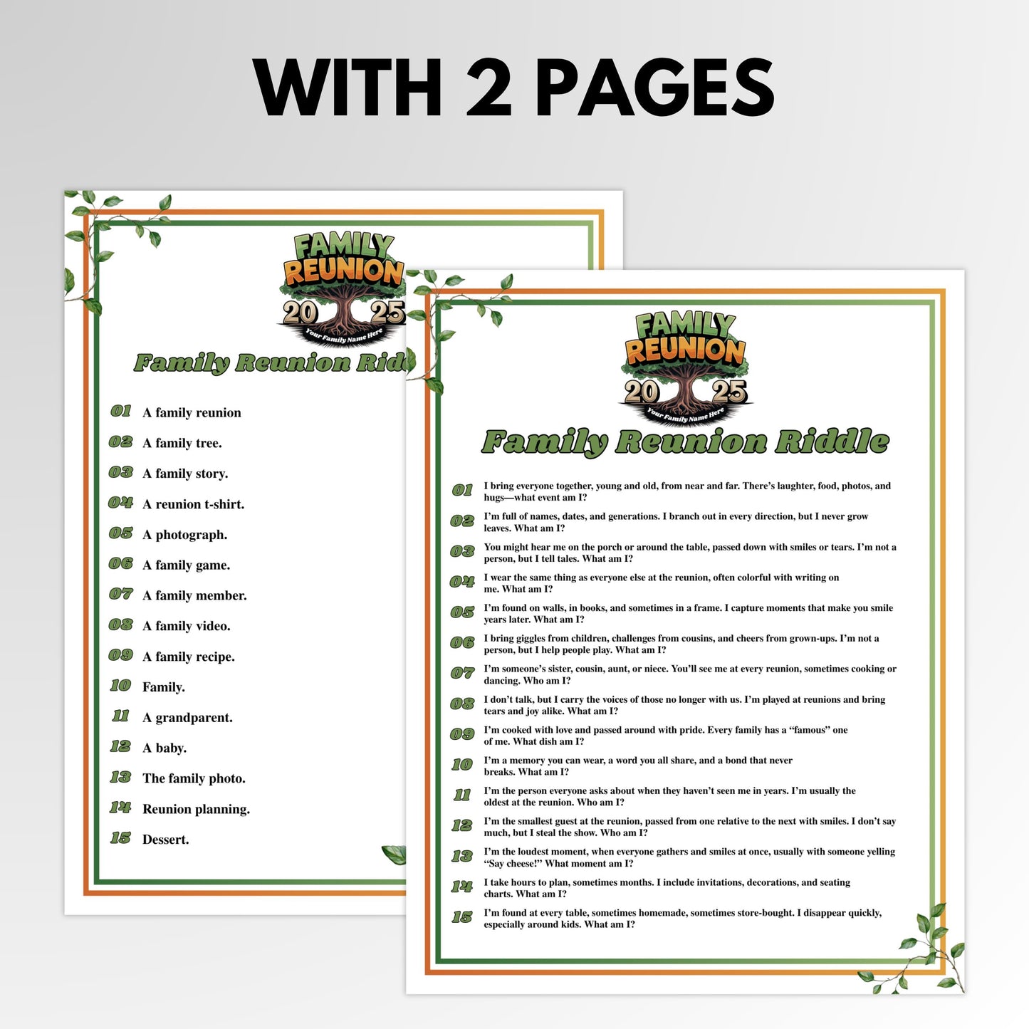 Family Reunion Riddles, Family Reunion Riddle Me This, Riddles for Kids, Family Reunion Games, Family Reunion Activity, Family Reunion Game